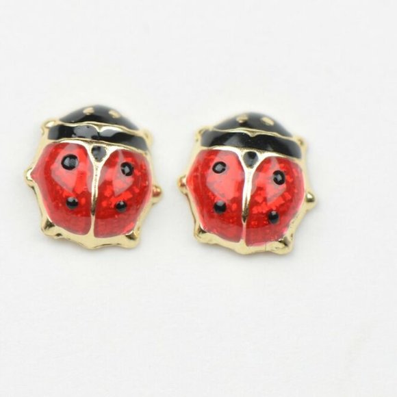Solid 14k Yellow Gold Red and Black Enamel Ladybug Baby Screw Earrings Small - Picture 7 of 7